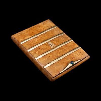 Cutiuță din lemn exotic, cu monograma din aur a regelui Carol I 