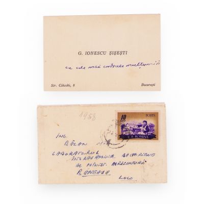 Gheorghe Ionescu-Șișești, carte de vizită, cu un mesaj olograf adresat ing. Bălan