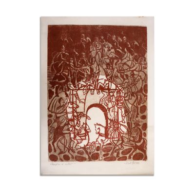 Fred Micoș, Domnitorii Țărilor Române, xilogravură pe pânză, exemplar de artist