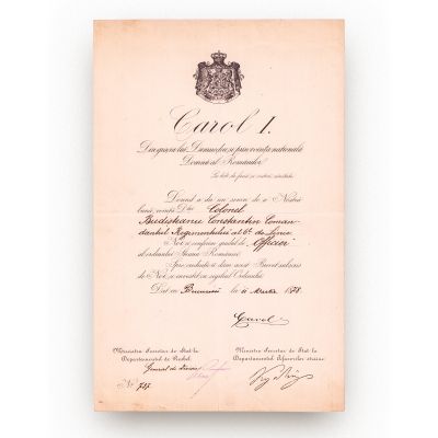 Colonel Constantin Budișteanu, brevetul ordinului „Steaua României” în grad de Ofițer, 1878, cu semnătura gen. Alexandru Cernat 