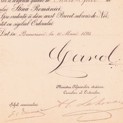 Gen. Constantin Budișteanu, brevetul ordinului „Steaua României” în grad de Mare Ofițer, 1895, cu semnătura regelui Carol I și a lui Al. N. Lahovari