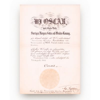 Constantin Budișteanu, brevetul ordinului Săbiilor din Suedia în grad de Comandor, clasa a II-a, 1885
