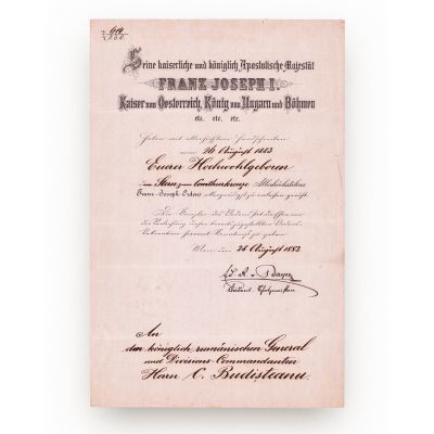 Gen. Constantin Budișteanu, brevetul ordinului austriac „Franz Joseph” în grad de Comandor cu Stea, 1883