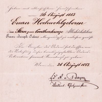 Gen. Constantin Budișteanu, brevetul ordinului austriac „Franz Joseph” în grad de Comandor cu Stea, 1883
