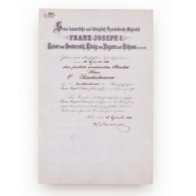 Gen. Constantin Budișteanu, brevetul ordinului austriac „Franz Joseph” în grad de Comandor, 1880
