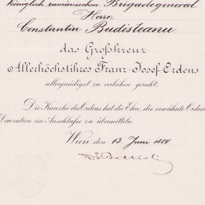 Gen. Constantin Budișteanu, brevetul ordinului austriac „Franz Joseph” în grad de Mare Cruce, 1884