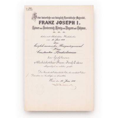 Gen. Constantin Budișteanu, brevetul ordinului austriac „Franz Joseph” în grad de Mare Cruce, 1884