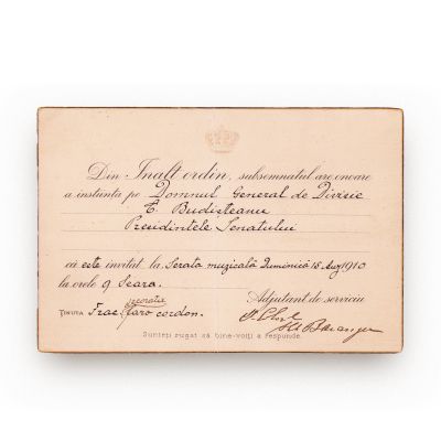 Gen. Constantin Budișteanu, invitație la o serată muzicală, 15 august 1910