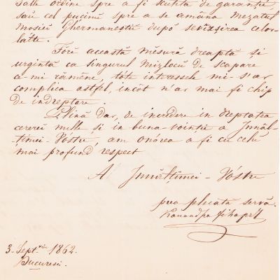 Scrisoare adresată principelui Alexandru Ioan Cuza, 3 septembrie 1862, cu însemnarea și semnătura olografă a principelui