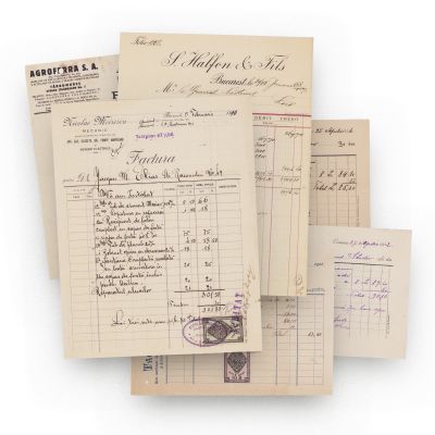 Tache M. Dragoescu,  Dumitru I. Moga & Frate, Agroferra, S. Halfon & Fils, Nicolae Moisescu, șase facturi, 1902-1939