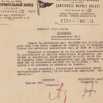 Șantierele Navale Galați, adresă pentru Vulcu Maxim, 1.III.1949