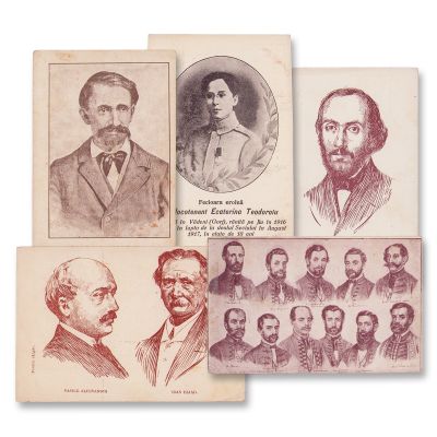 Eroi, poeți și revoluționari români, cinci cărți poștale fotografice și ilustrate