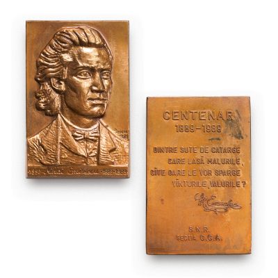 Centenarul lui Mihai Eminescu, plachetă din bronz, 1989, gravor Pascu