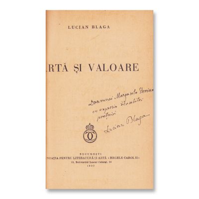 Lucian Blaga, Artă și valoare, 1939, cu dedicație pentru Margareta Sterian