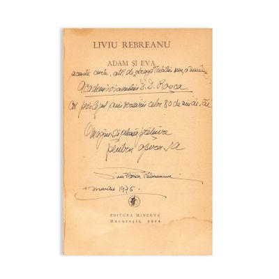 Liviu Rebreanu, Adam și Eva, 1974 + Ion, 1920, cu ex-libris și dedicație pentru D. D. Roșca