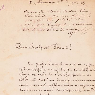 Scrisoare adresată domnitorului Carol I, cu semnătura și însemnarea olografă, 1881 