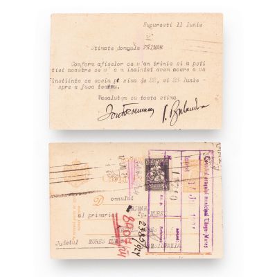 Ioan Focșăneanu și Ion Bulandra, carte poștală expediată primarului orașului Târgu Mureș, 11 iunie 1924