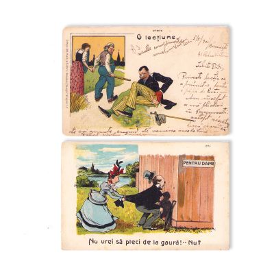 Șase cărți poștale ilustrate cu moravuri și scene comice - piese de colecție foarte rare