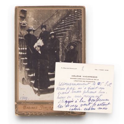 Elena Văcărescu, fotografie de cabinet, atelier Cabinet Portrait + carte de vizită cu amplă însemnare 