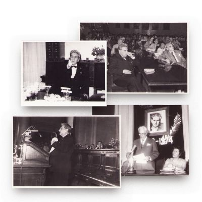 Criticul George Călinescu în Aula Academiei Române, patru fotografii de epocă, ex-librisul lui Petre Popescu Gogan