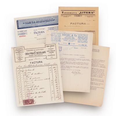 Tipografia „Litera”, „Cartea Românească”, „La Doi Frați Școlari”, „Socec”, trei facturi și o adresă, 1928-1944