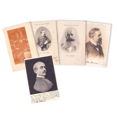 T. Maiorescu, Al. Vlahuță, V. Alecsandri, B. P. Hasdeu, 5 fotografii tip carte poștală