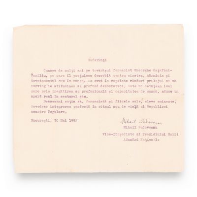 Mihail Sadoveanu, Valeriu Râpeanu și I. D. Bălan + referință semnată olograf de Mihail Sadoveanu