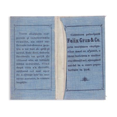 Husă cu reclama loteriei private pe clase - Colectura Felix Grun & Co.