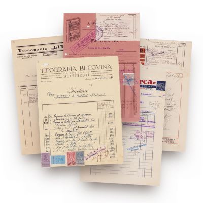 M. Carniol Fiu, „Unirea”, „Bucovina”, „Litera”, „Universala”, colecție de cinci facturi, 1929-1943