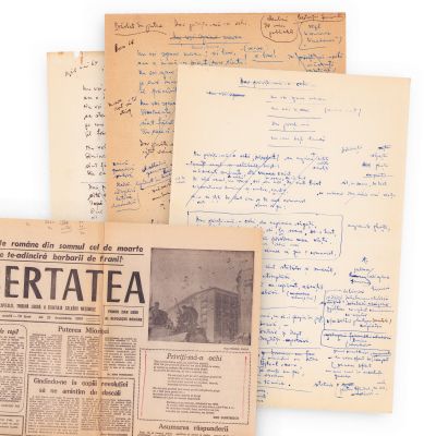 Geo Dumitrescu, poezie manuscris publicată în „Libertatea” la 28 decembrie 1989 + ziarul „Libertatea”
