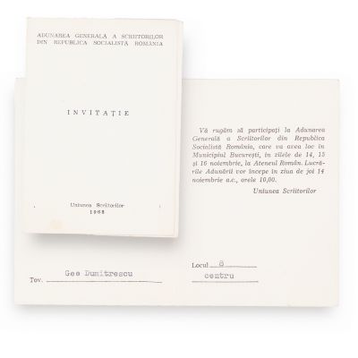 Uniunea Scriitorilor din România, carnet de vot + două invitații trimise lui Geo Dumitrescu, 1968 