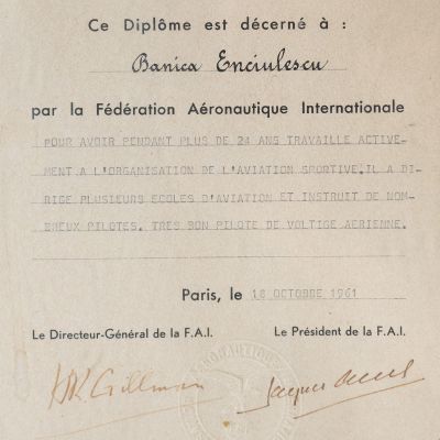 Fédération Aéronautique Internationale, diplomă pentru Banica Enciulescu, 18 octombrie 1961