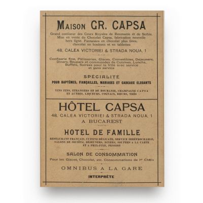 Hotelul și cofetăria Casa Capșa, reclamă tip afiș, 1897