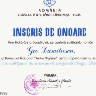 Geo Dumitrescu - titlu de cetățean de onoare al orașului Târgu Cărbunești, 23 mai 1998