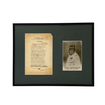 Generalul H. M. Berthelot, fotografie tip carte poștală + meniul cu semnătură olografă, 1927