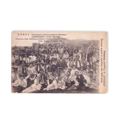 Corul Asociației „Îndrumarea”, ceremonie la monumentul de la Preszaka și alte adunări, patru fotografii tip carte poștală, perioada 1900-1906