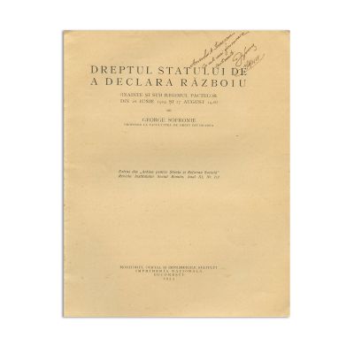 George Sofronie, Dreptul statului de a declara război, 1933, cu dedicația autorului