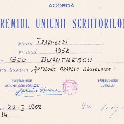 Geo Dumitrescu, trei premii acordate de Consiliul Uniunii Scriitorilor, 1964-1981