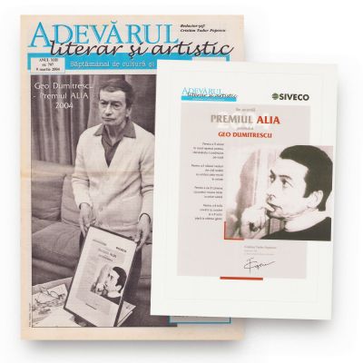 Premiul „ALIA” acordat lui Geo Dumitrescu + nr. 707 al publicației „Adevărul literar și artistic”, 9 martie 2004 