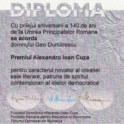 Premiul „Alexandru Ioan Cuza” acordat lui Geo Dumitrescu, 22 ianuarie 1999