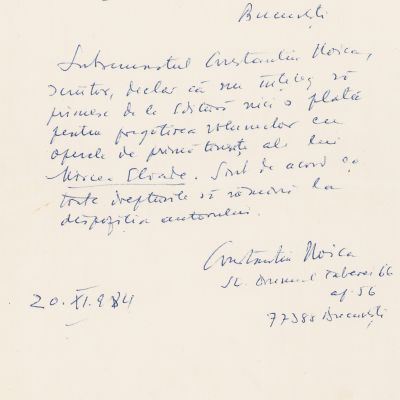 Constantin Noica, scrisoare adresată Editurii Minerva