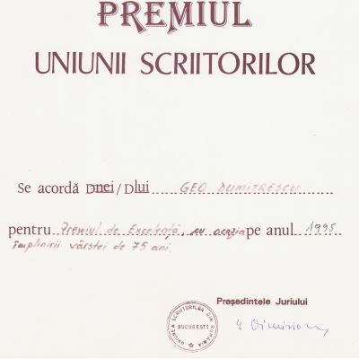 Uniunea Scriitorilor, premiul de excelență acordat lui Geo Dumitrescu, 1995