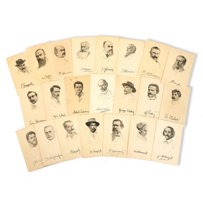 Autori și scriitori români, colecție de 22 de cărți poștale ilustrate