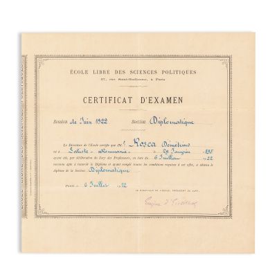 Dumitru D. Roșca, certificat eliberat de École Libre des Sciences Politiques, 1922 