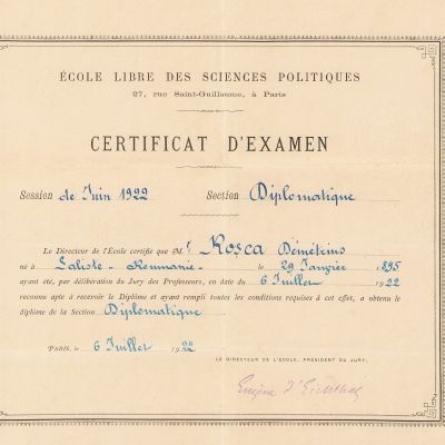 Dumitru D. Roșca, certificat eliberat de École Libre des Sciences Politiques, 1922 