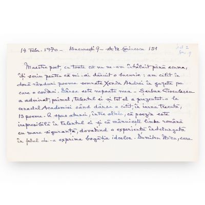 Cella Delavrancea, scrisoare pentru Geo Dumitrescu, 14 februarie 1970