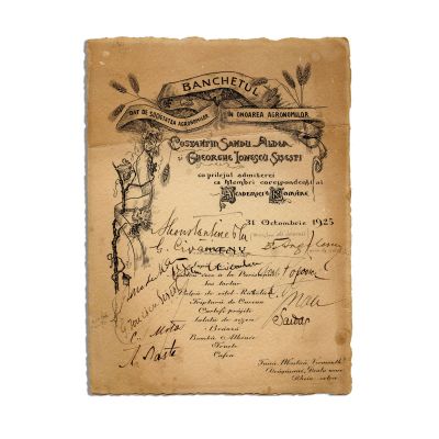 Banchetul Societății Agronomilor, 31 octombrie 1925, meniu cu semnături olografe