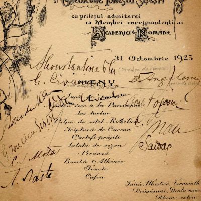 Banchetul Societății Agronomilor, 31 octombrie 1925, meniu cu semnături olografe
