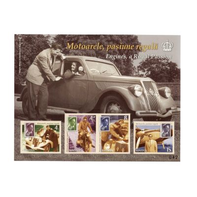 Album Filatelic, Motoarele, pasiunea regală, cu semnătura Principesei Margareta și a Principelui Radu + două coli de timbre