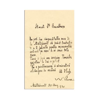 I. G. Duca, scrisoare către C. Bacalbașa, 1930 + cărțile de vizită ale celor doi cu însemnări olografe